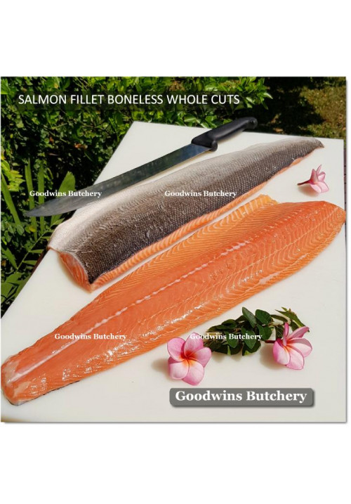 Salmon FILLET BONELESS Atlantic CHILE frozen whole cuts +/- 1.3 kg/pc length 18" 46cm (price/kg)